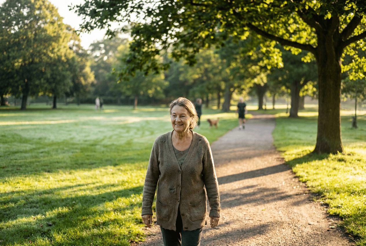 Oudere volwassene wandelt rustig in een groen park in de ochtend om de darmen op gang te helpen