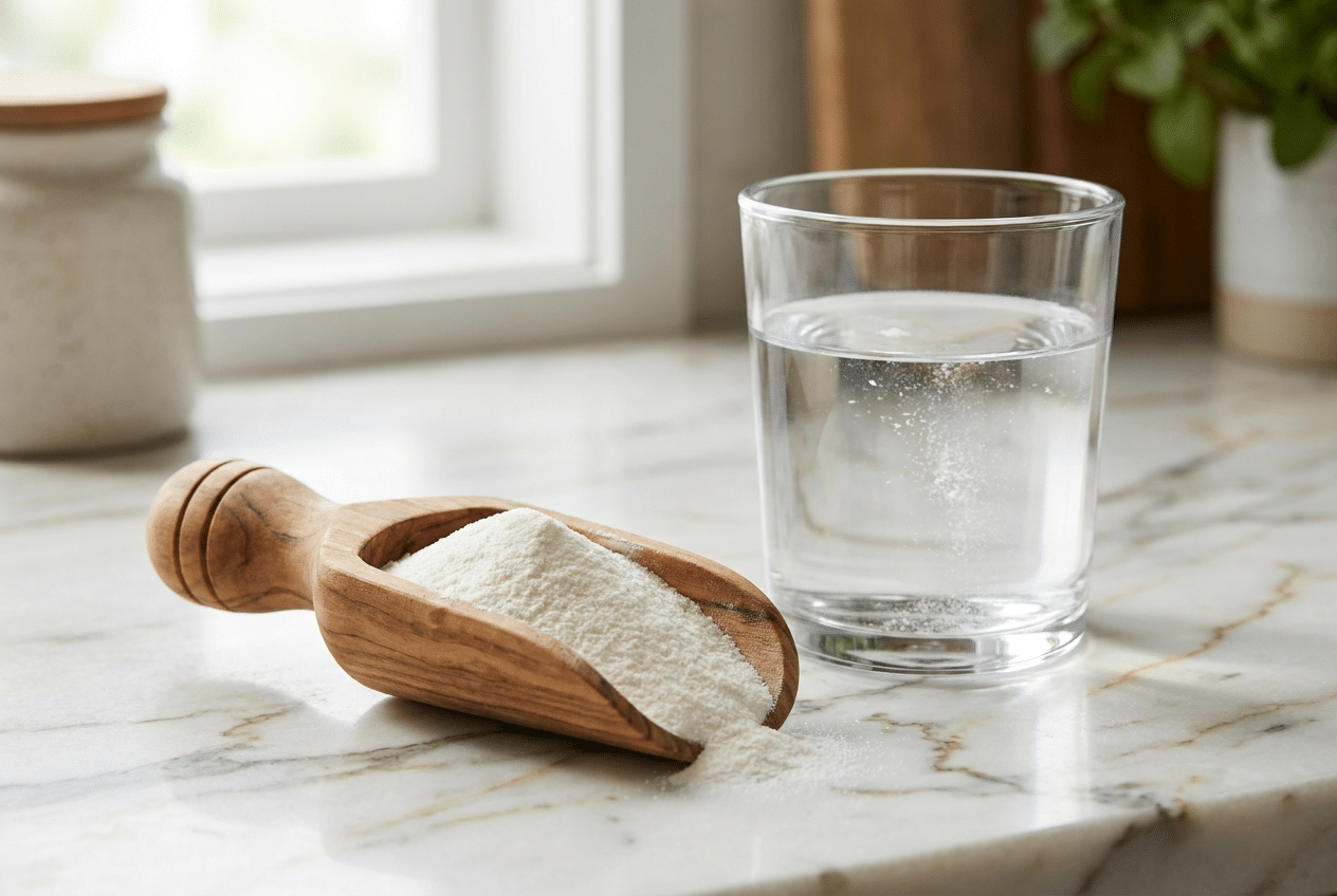 Collageen peptiden poeder met een glas water