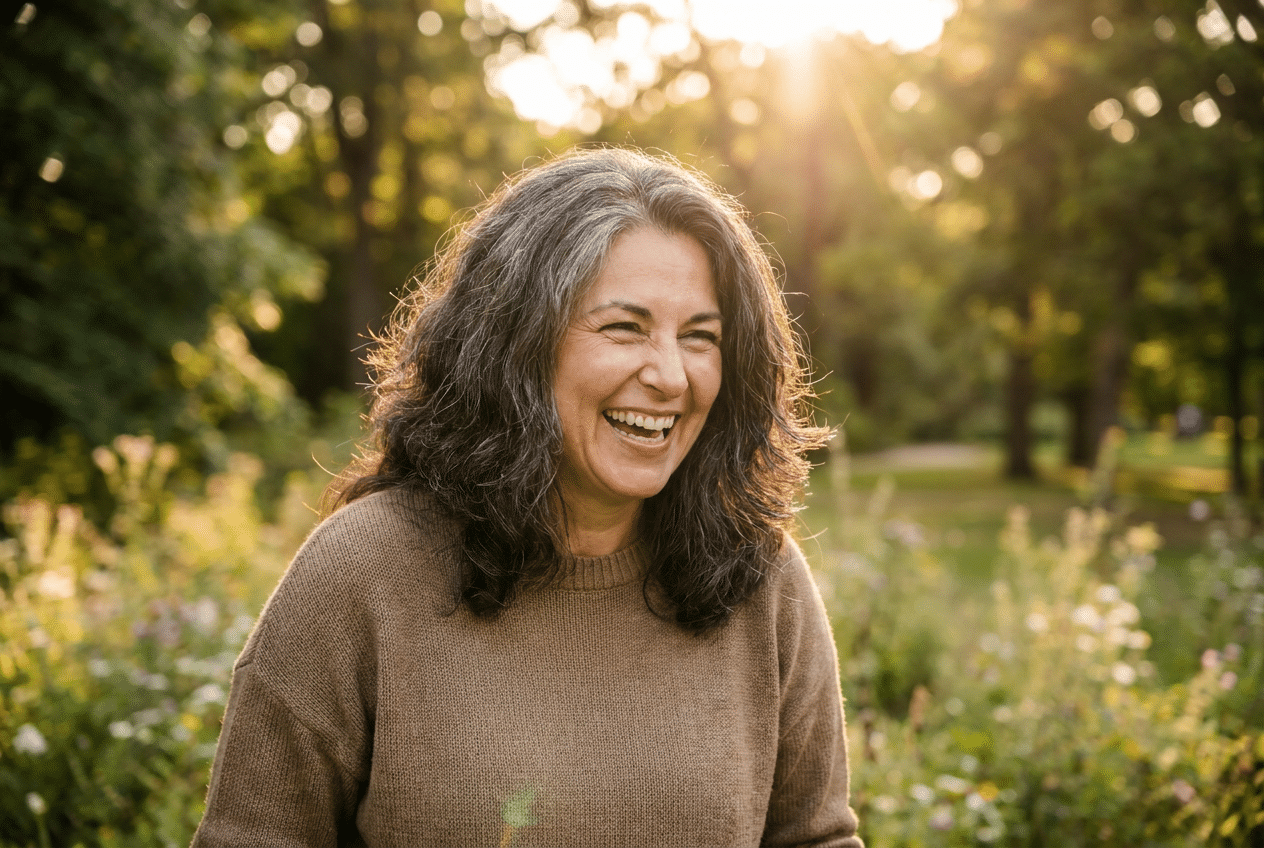 Vrouw met vol en gezond haar in de zon