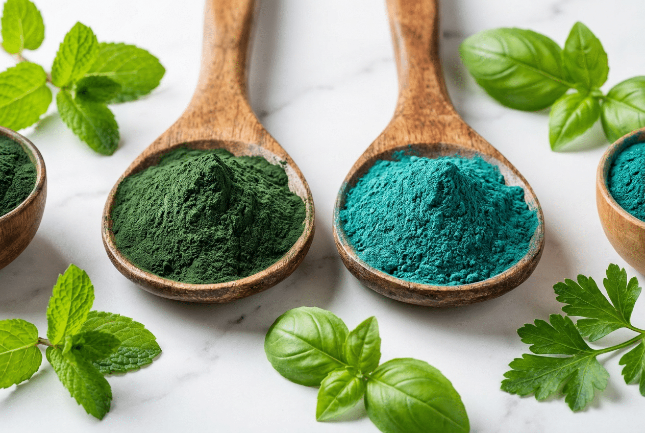 Chlorella poeder en spirulina poeder op lepels vergeleken