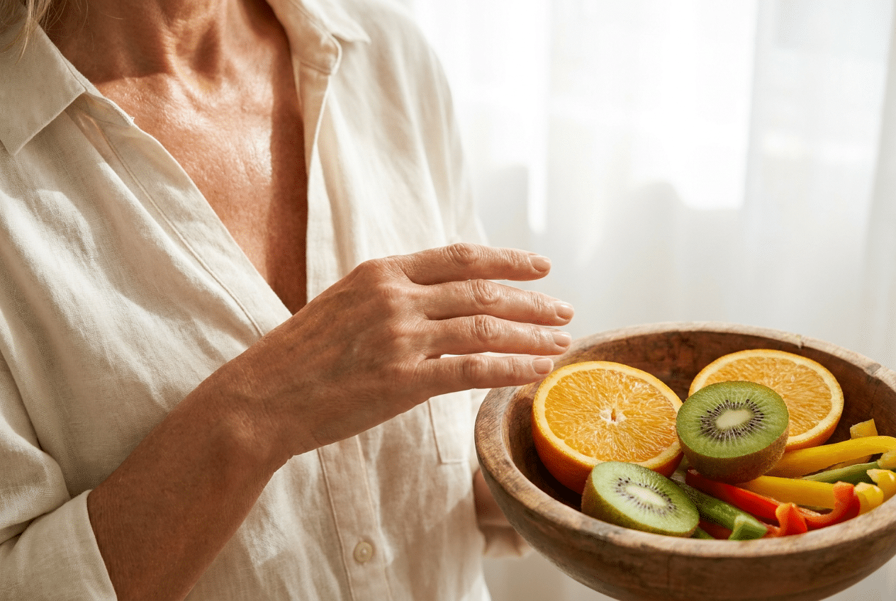 Stevige gladde huid van vrouwenhanden naast vitamine C rijke sinaasappels, kiwi en paprika
