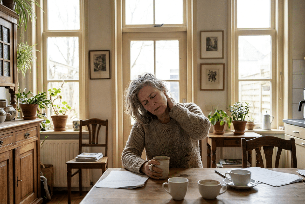 Vermoeide vrouw met gespannen schouders in de ochtend