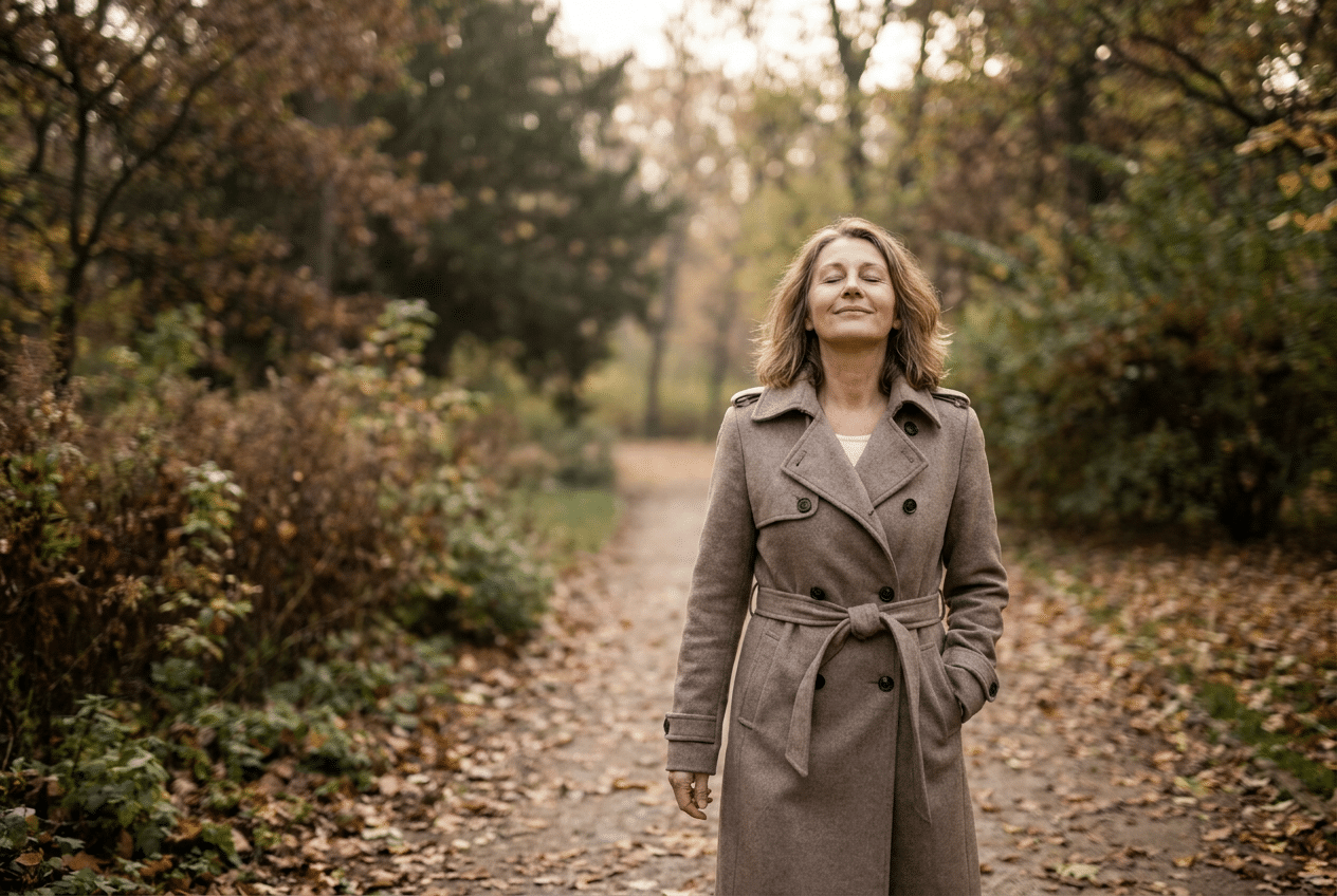 Vrouw wandelt rustig buiten om cortisol te verlagen