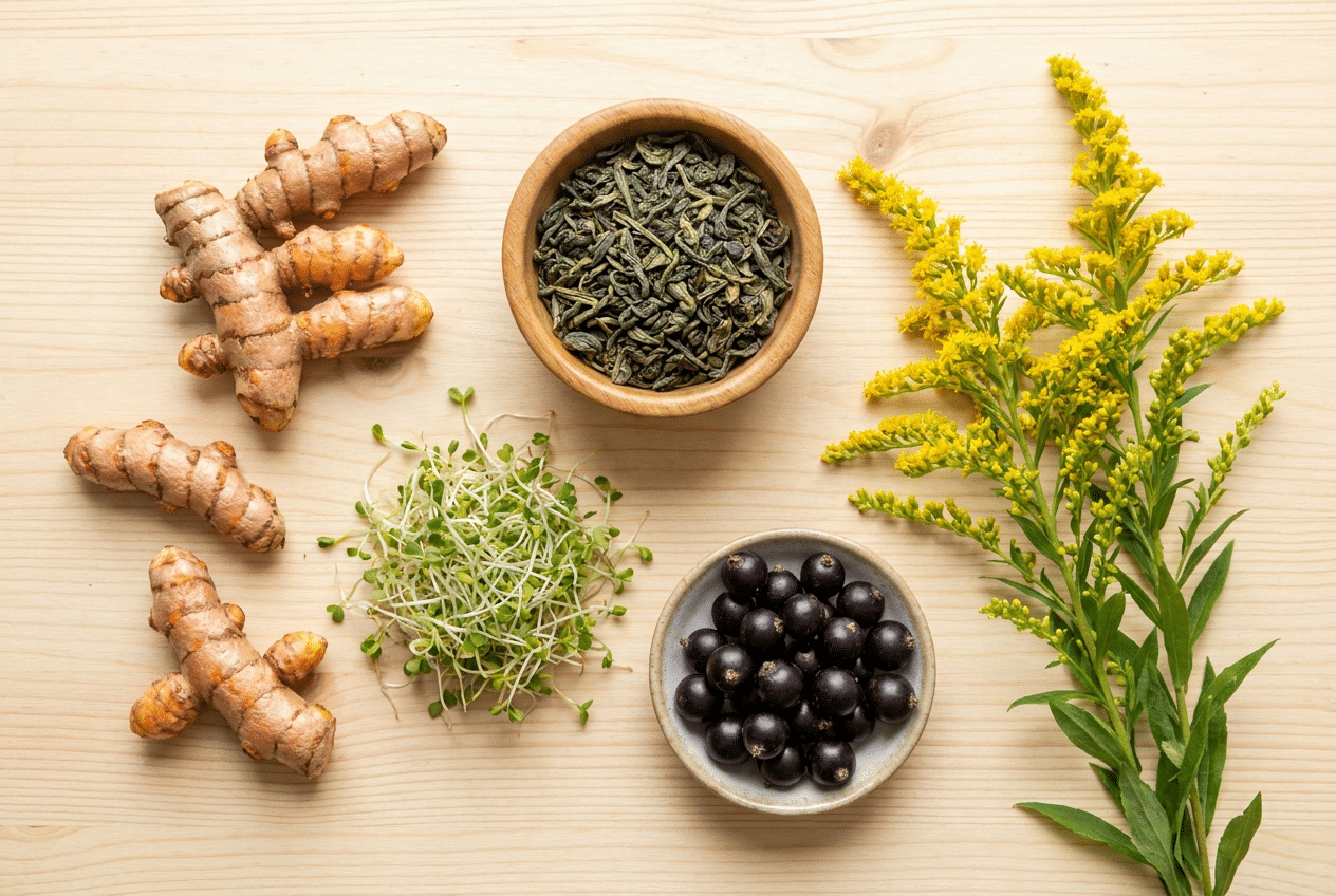 Natuurlijke ingredienten die de lever ondersteunen: kurkuma, groene thee, alfalfa, zwarte bes en guldenroede
