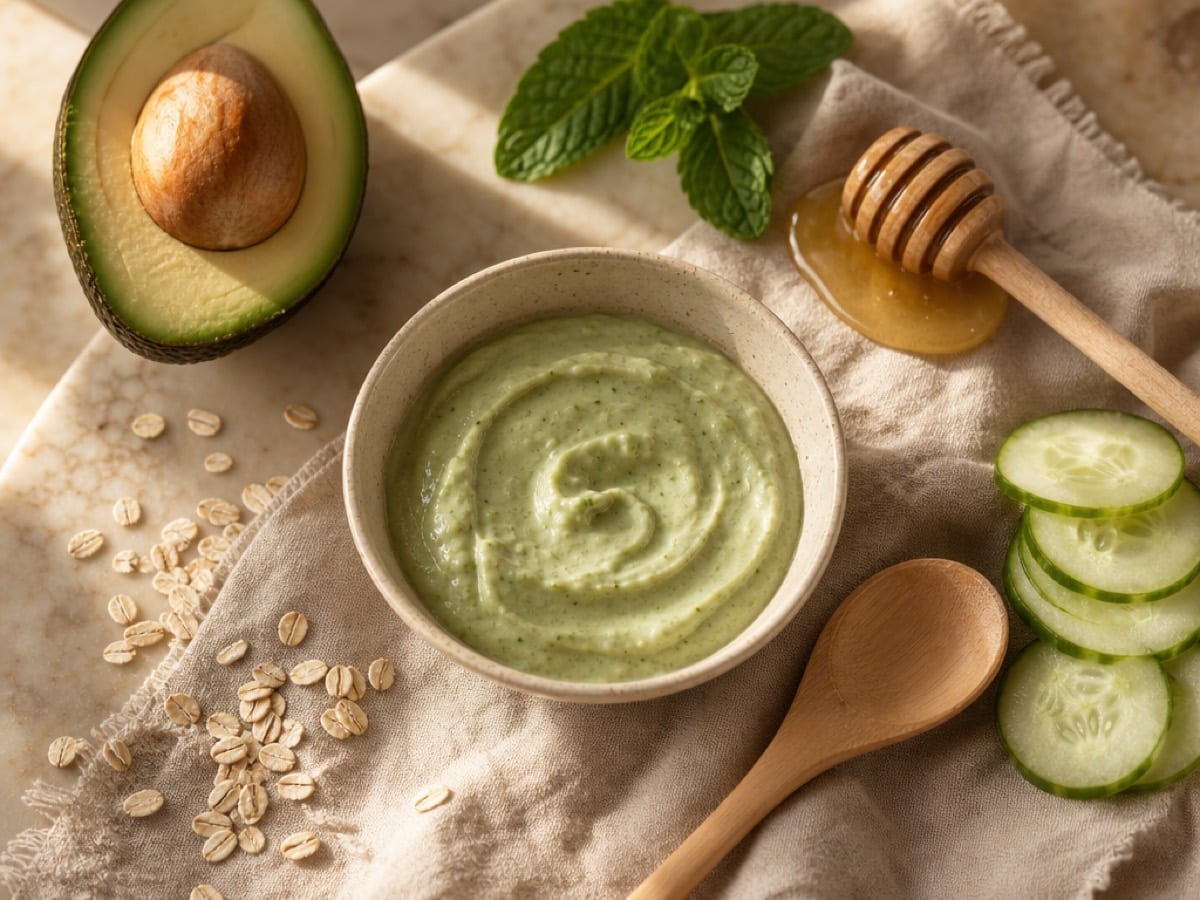 Zelfgemaakt natuurlijk gezichtsmasker met avocado, honing en komkommer