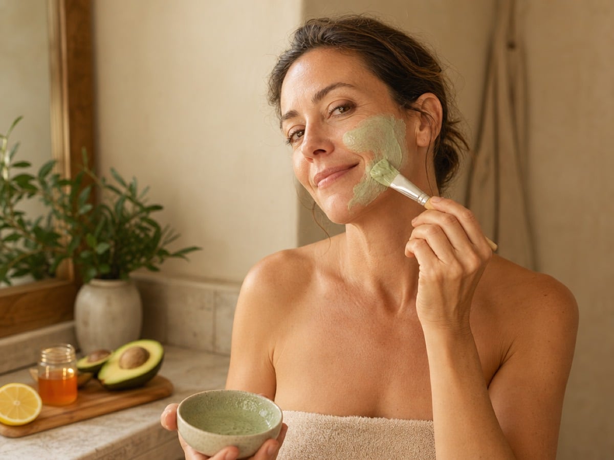 Vrouw brengt een zelfgemaakt natuurlijk masker aan