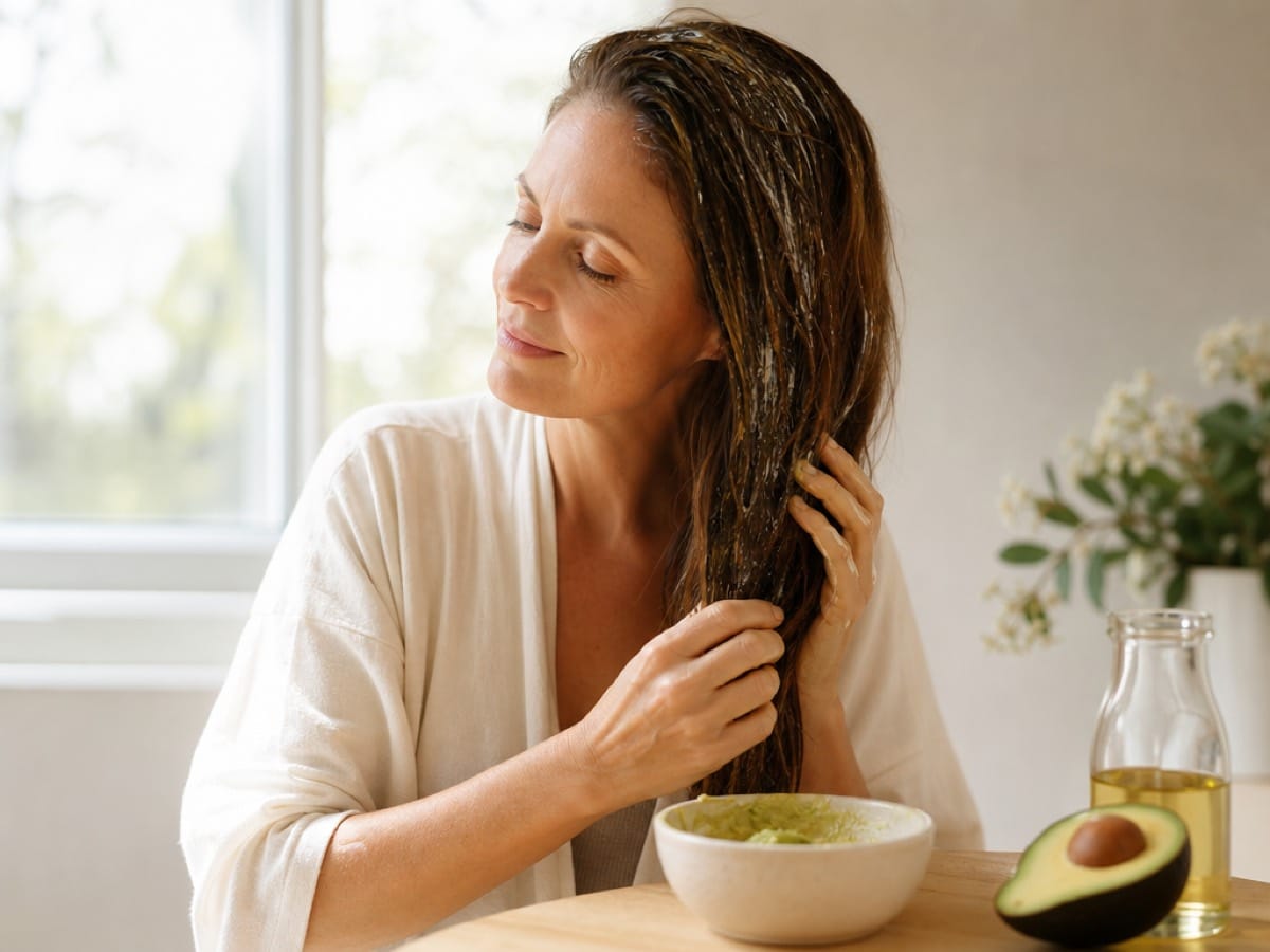 Vrouw brengt een natuurlijk haarmasker aan met avocado en olijfolie