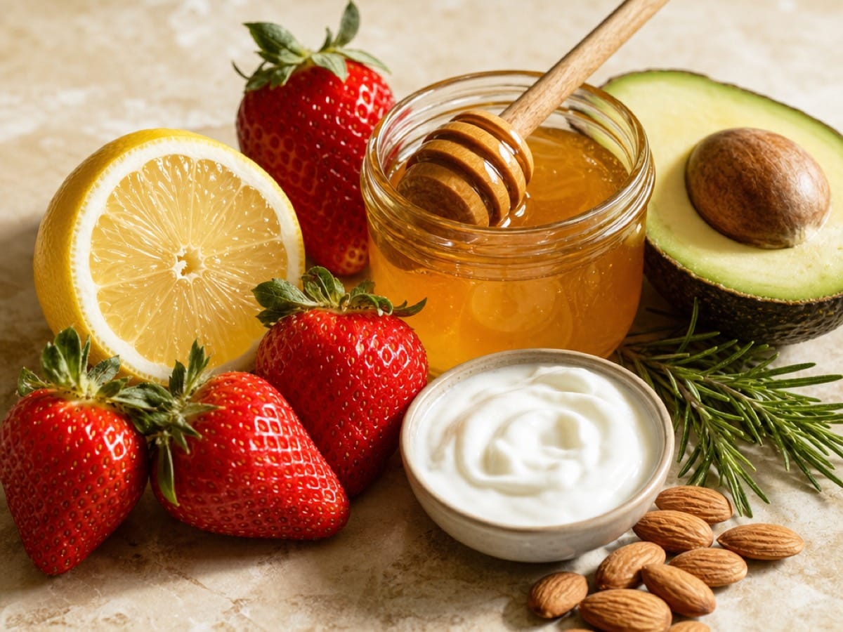 Natuurlijke ingrediënten voor gezichtsmaskers: aardbeien, citroen, honing, avocado en yoghurt
