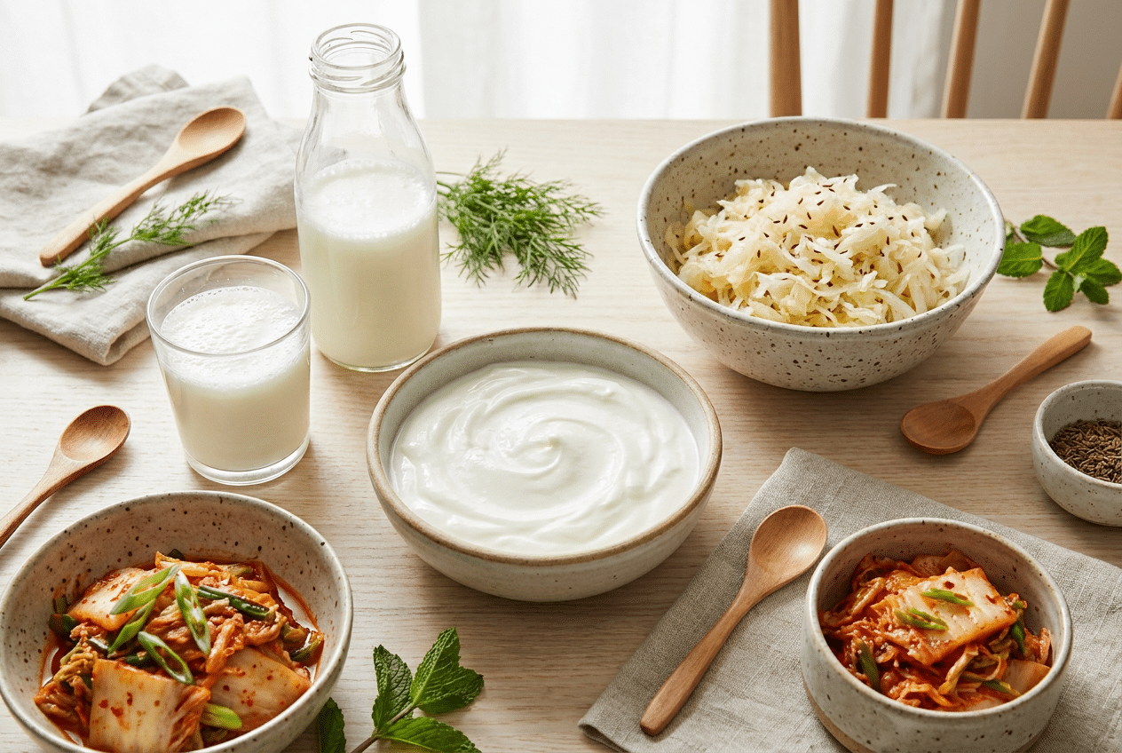 Yoghurt, kefir, zuurkool en kimchi in schaaltjes op een houten tafel als bron van goede darmbacteriën