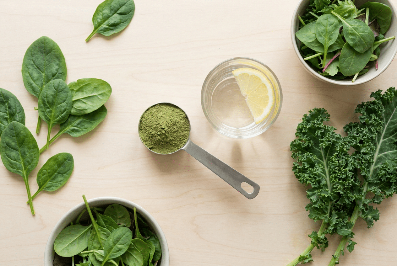 Maatschepje met greens poeder naast een glas water en verse groente