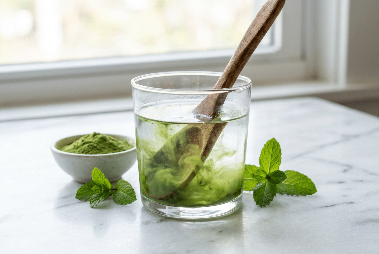 Greens poeder wordt door een glas water geroerd
