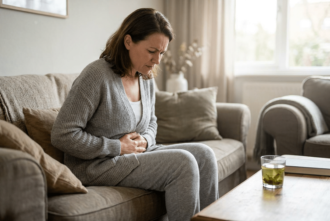 Vrouw met een licht ongemak in de buik na het drinken van greens
