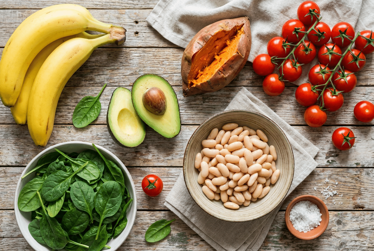Kaliumrijke voeding zoals banaan, spinazie, avocado en bonen tegen vocht vasthouden