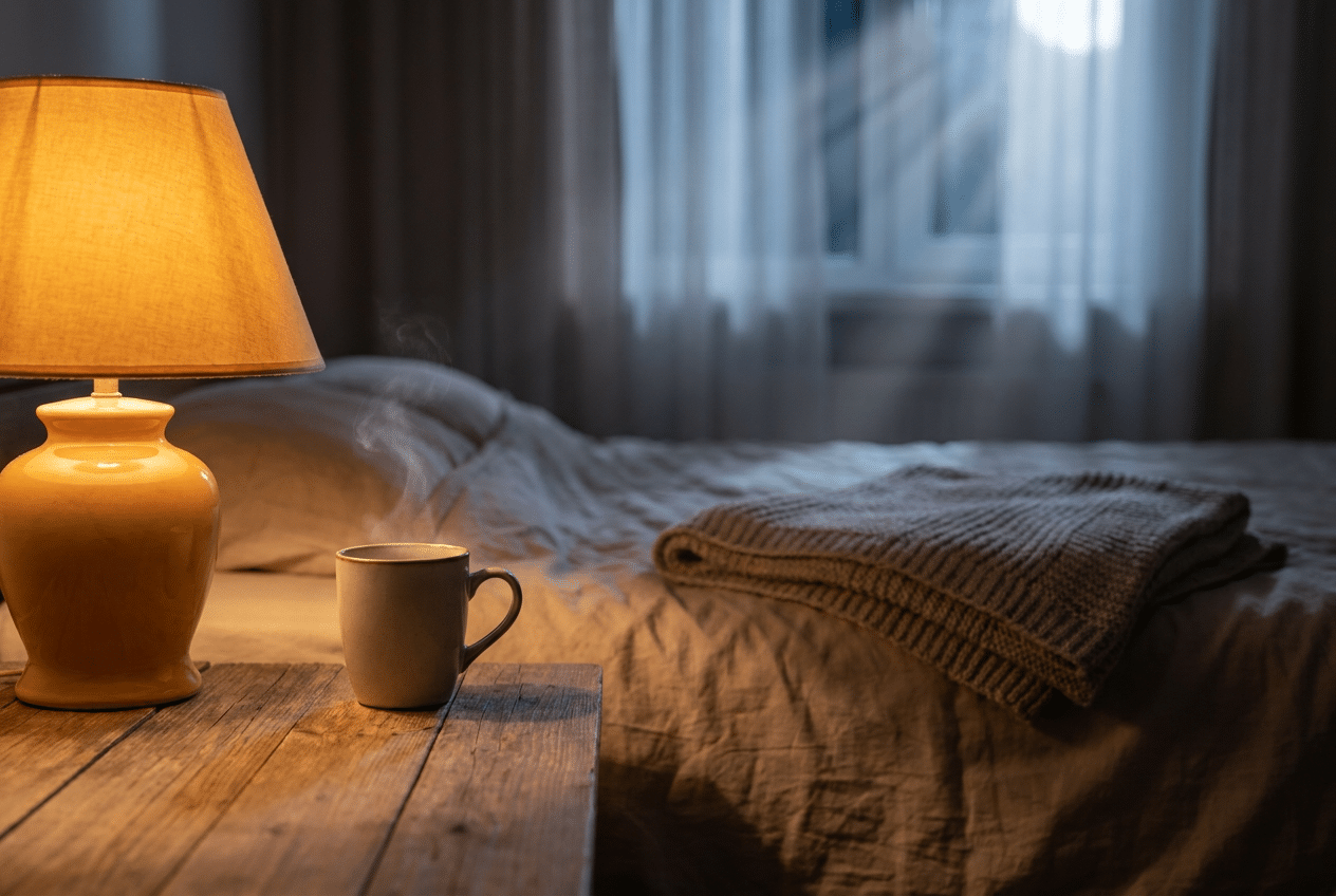 Kopje kruidenthee op een houten nachtkastje bij een warme schemerlamp in een rustige slaapkamer