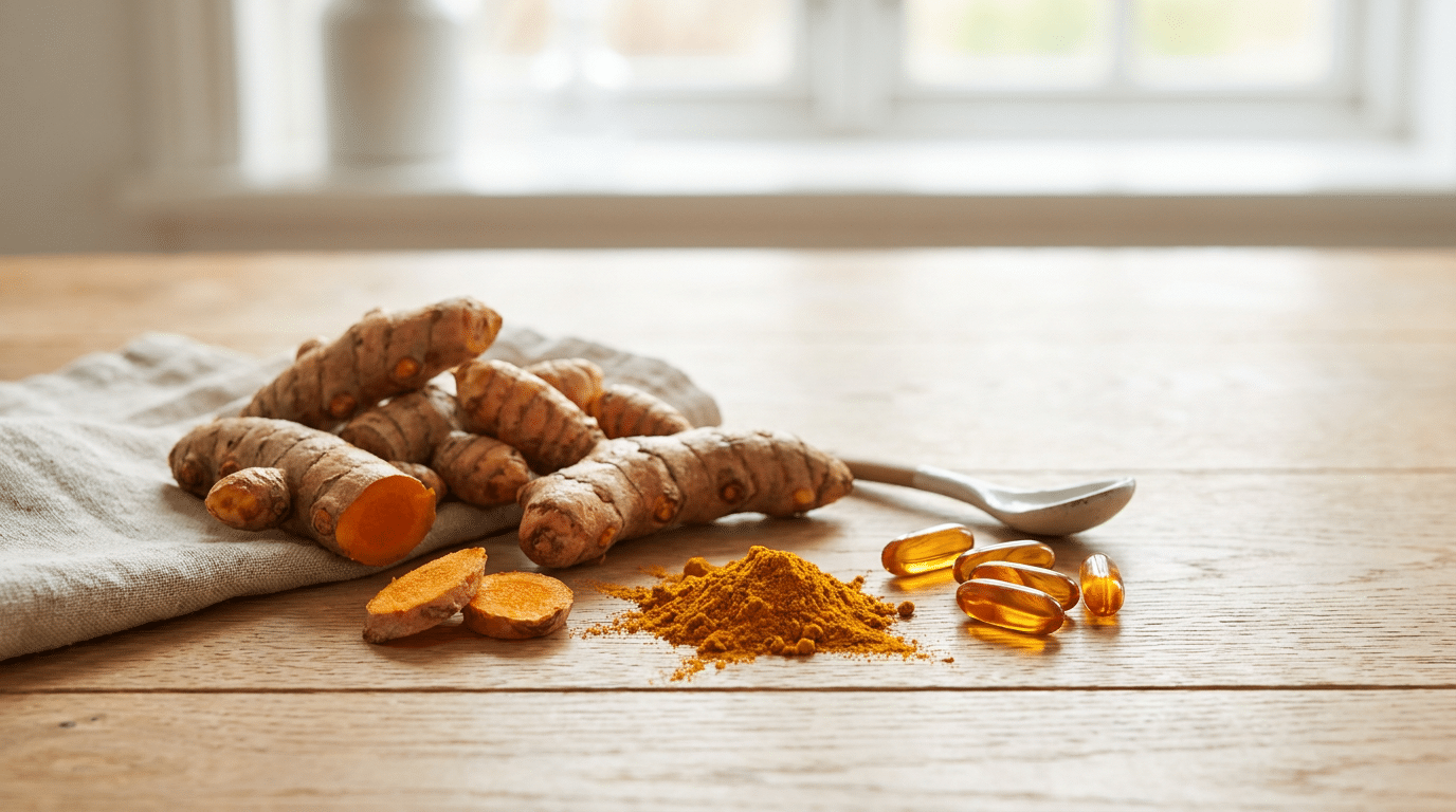 Verse kurkumawortel, kurkumapoeder en curcumine-capsules op een houten keukentafel