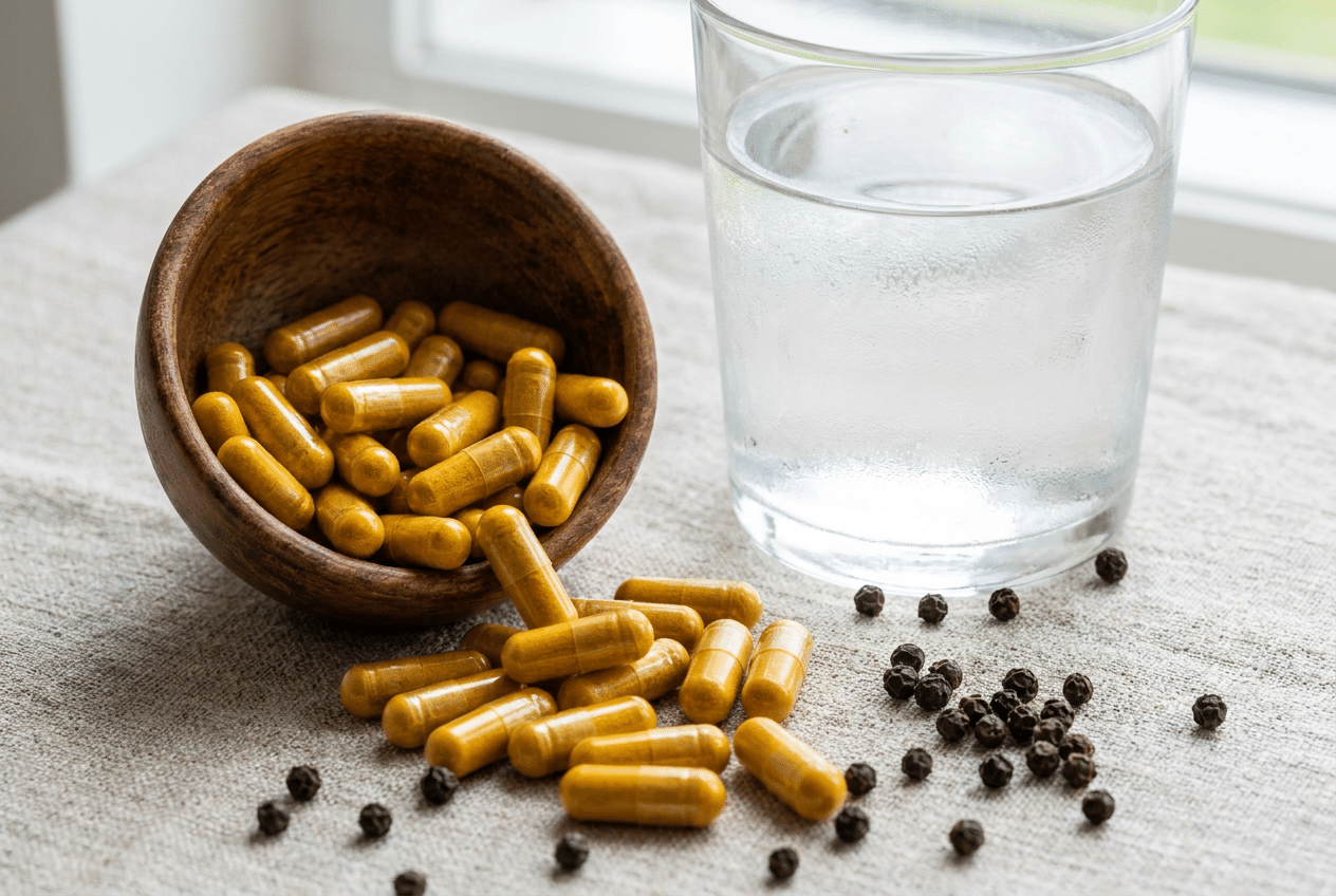 Kurkuma-capsules naast een glas water en zwarte peperkorrels die de opname verbeteren