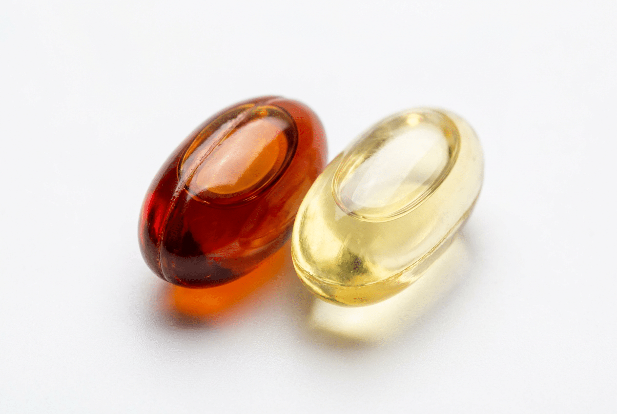 Rode krillolie capsule naast gele visolie capsule
