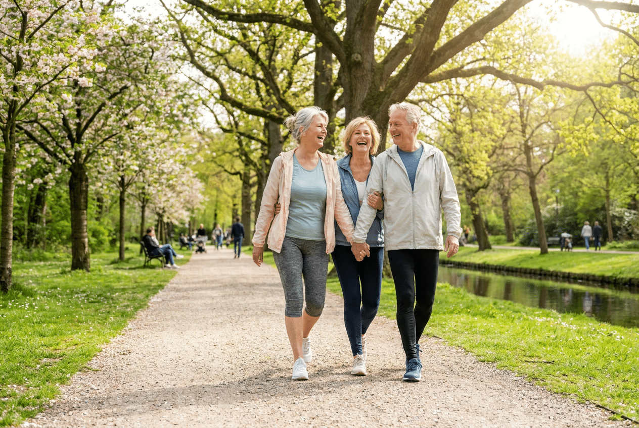 Actief senior stel wandelt buiten in het park