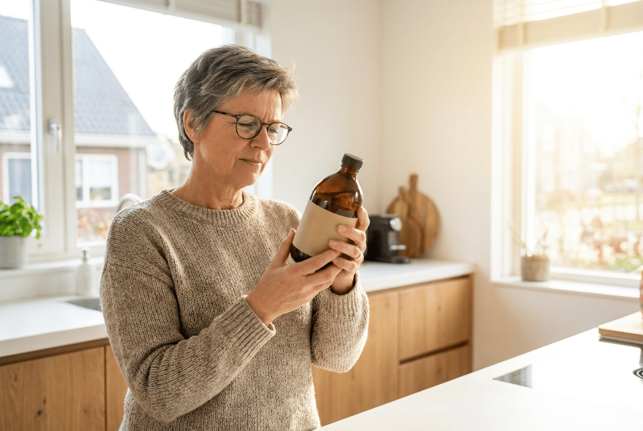 Vrouw leest aandachtig het etiket van een supplement