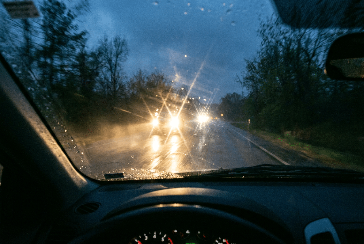 Schittering van koplampen tijdens autorijden in het donker