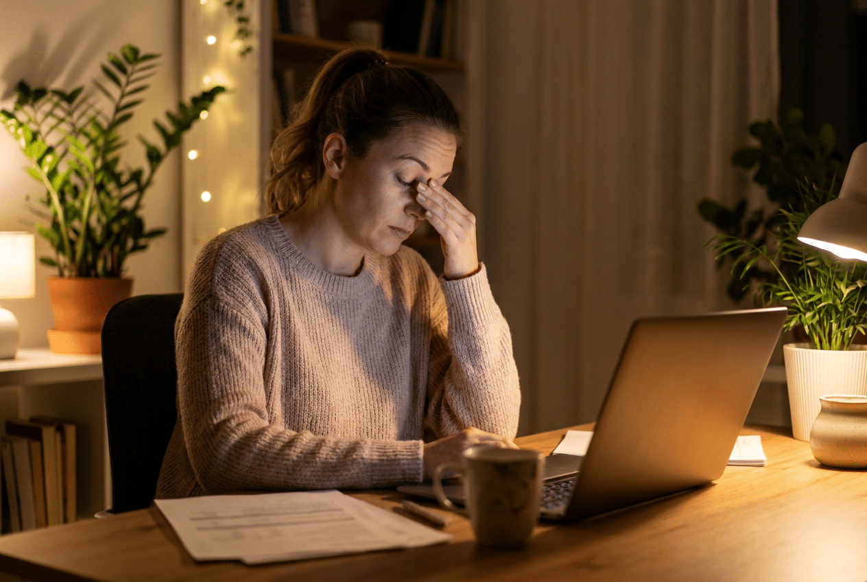 Vrouw met vermoeide ogen achter een laptop in de avond
