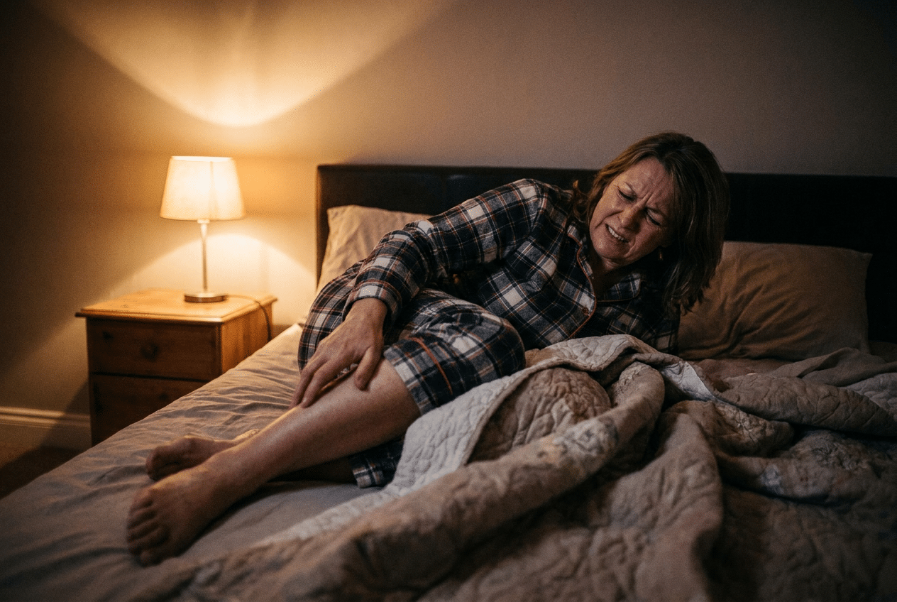 Vrouw met nachtelijke kramp in haar kuit in bed