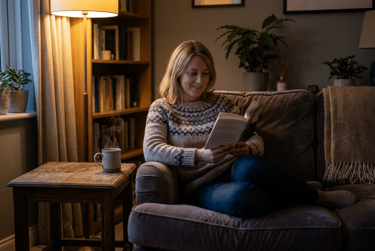 Vrouw die 's avonds ontspannen leest op de bank