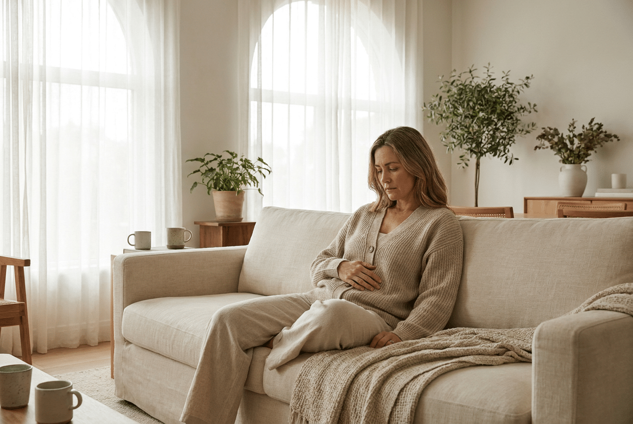 Vrouw met opgeblazen buik en weinig energie op de bank, mogelijk teken van een overbelaste lever