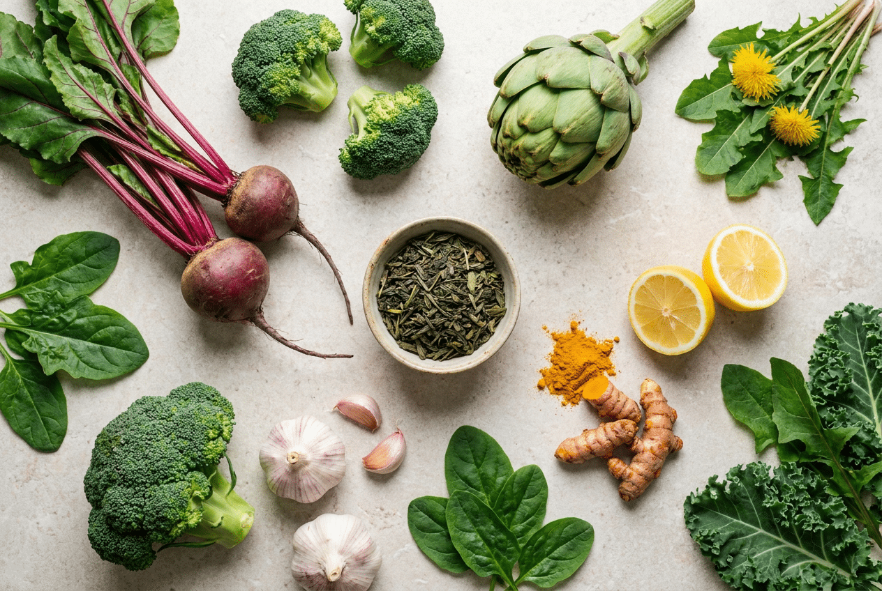 Levervriendelijke voeding met bieten, broccoli, artisjok, knoflook en groene thee