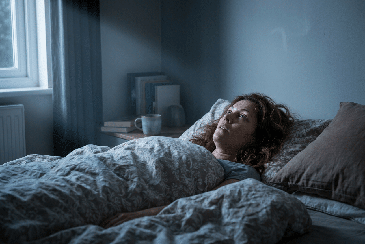 Vrouw ligt wakker in bed midden in de nacht en staart naar het plafond