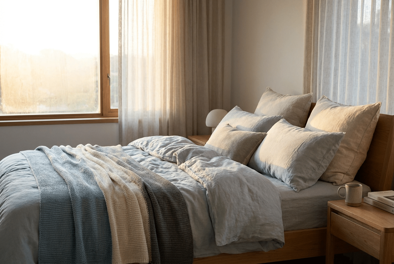 Rustige slaapkamer bij de vroege ochtend met zacht licht