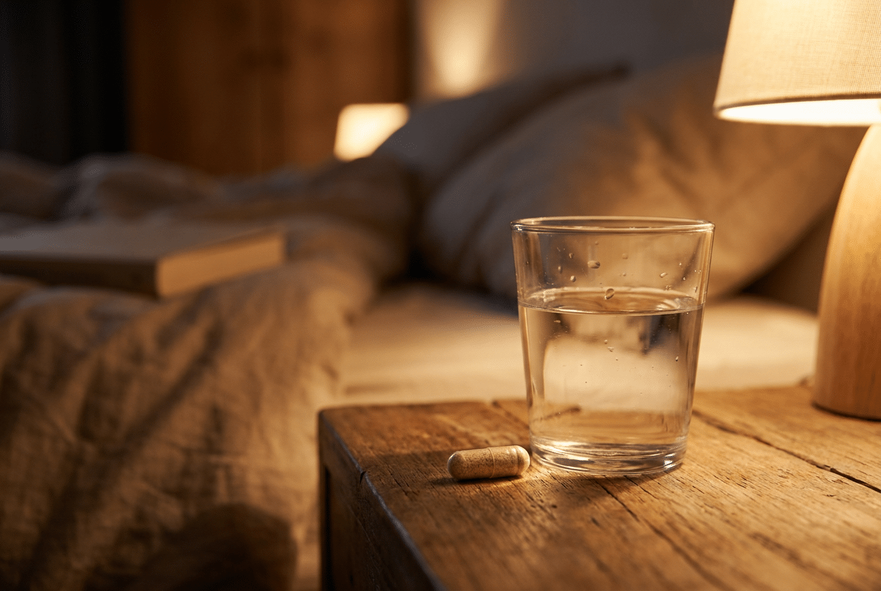 Eén natuurlijke capsule naast een glas water op een nachtkastje in een schemerige slaapkamer