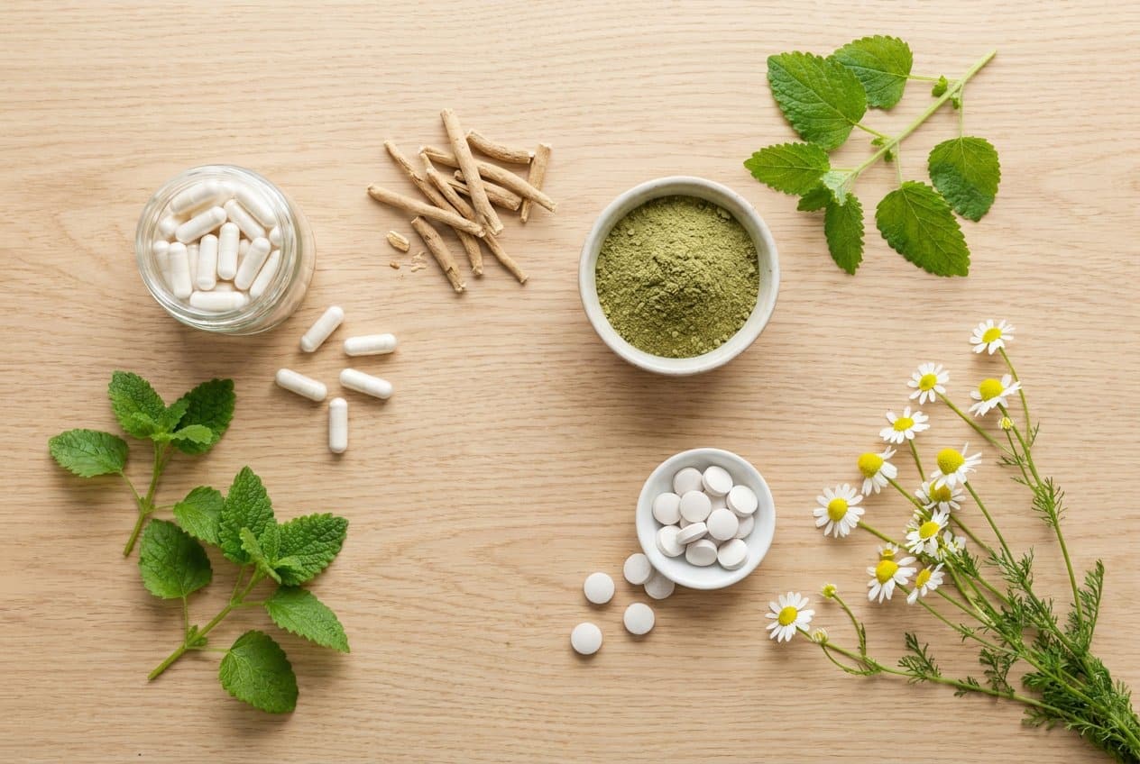 Verschillende natuurlijke supplementen tegen stress naast elkaar: capsules, ashwagandha-wortel, magnesium en kruiden