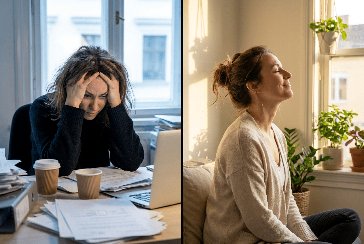 Een vrouw gespannen aan haar bureau en daarna ontspannen en rustig ademend