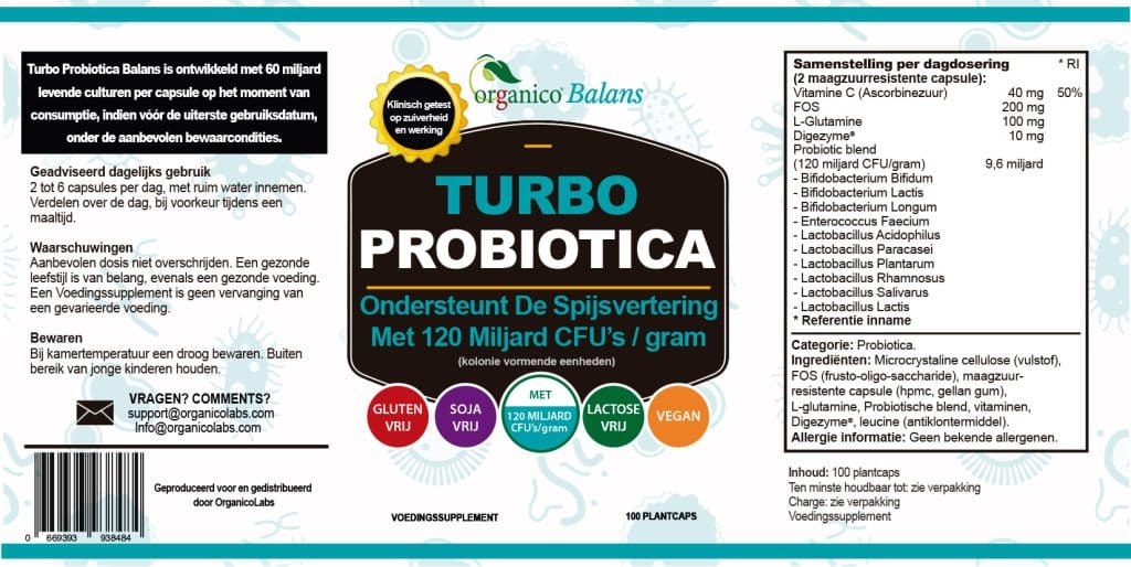Het volledige etiket van Organico Turbo Probiotica met de tien stammen en de samenstelling per dagdosering