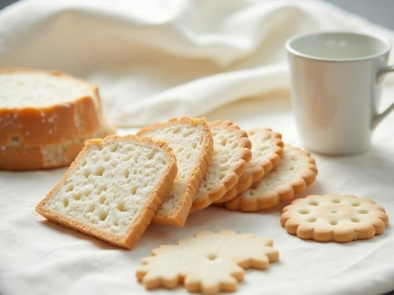 Wit brood en geraffineerde crackers op een linnen ondergrond