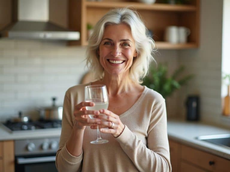 Vrouw van boven de vijftig die haar spijsvertering dagelijks ondersteunt