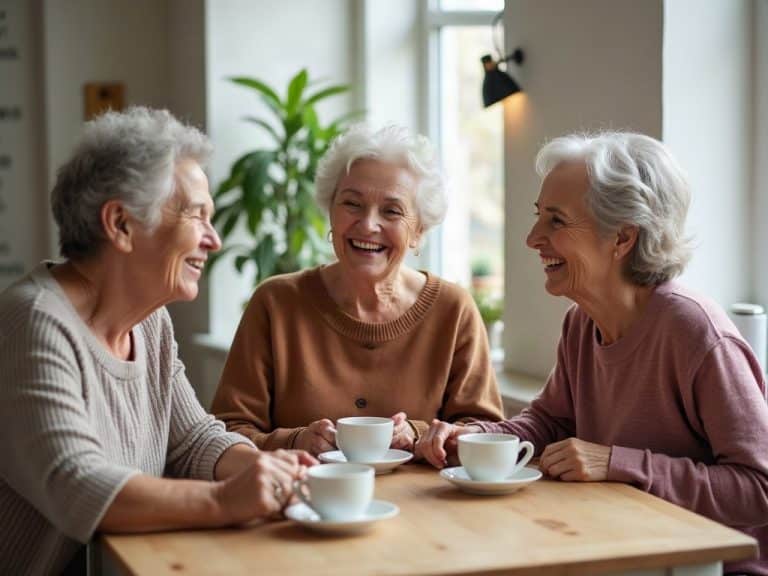 Drie vrouwen boven de vijftig lachen samen met een kopje thee