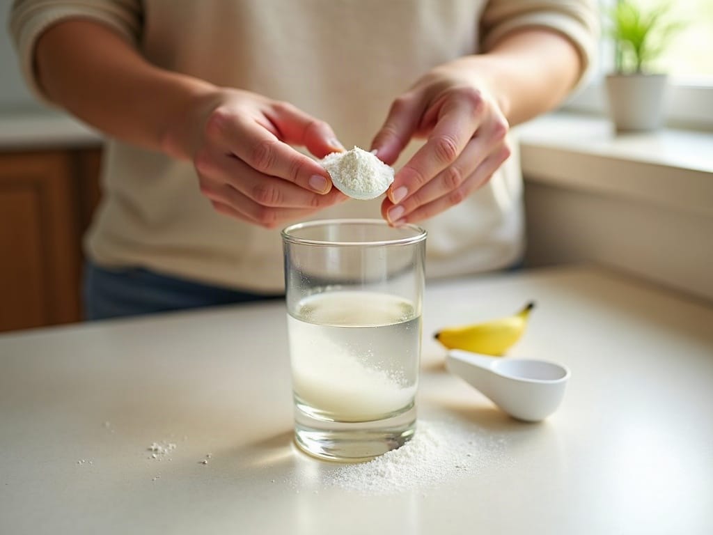 Een schepje Organico Turbo Creatine door een glas water