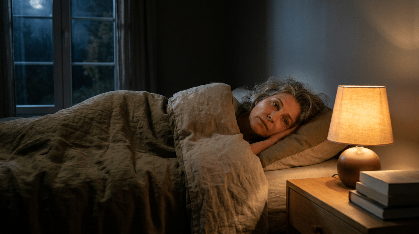 Vrouw van rond de 55 ligt 's nachts wakker in bed bij het licht van een schemerlamp