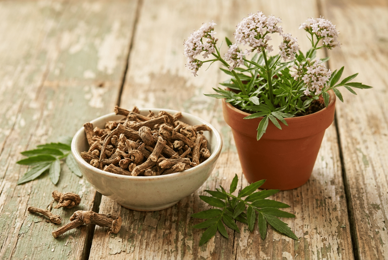 Gedroogde valeriaanwortel in een schaaltje naast een valeriaanplant met lichtroze bloemen