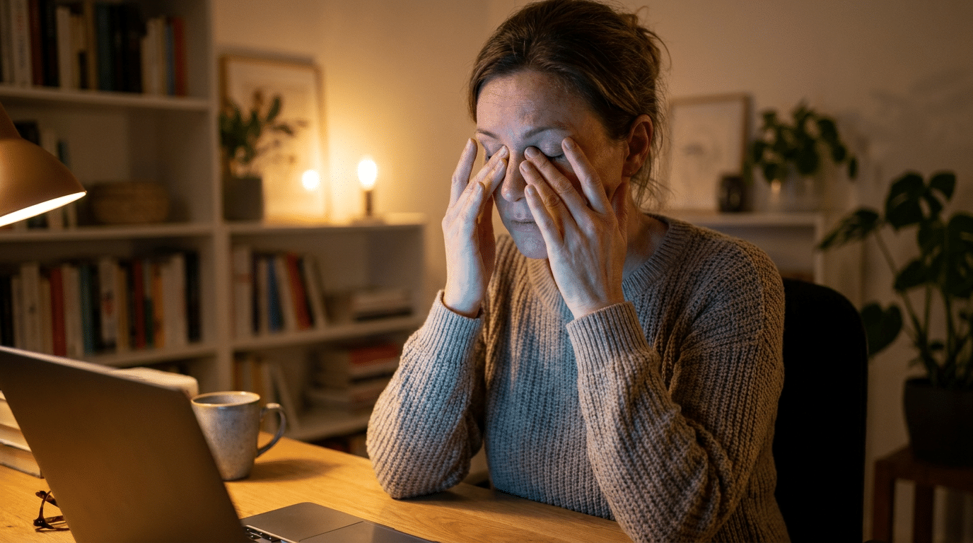 Vrouw met vermoeide droge ogen achter een beeldscherm in de avond