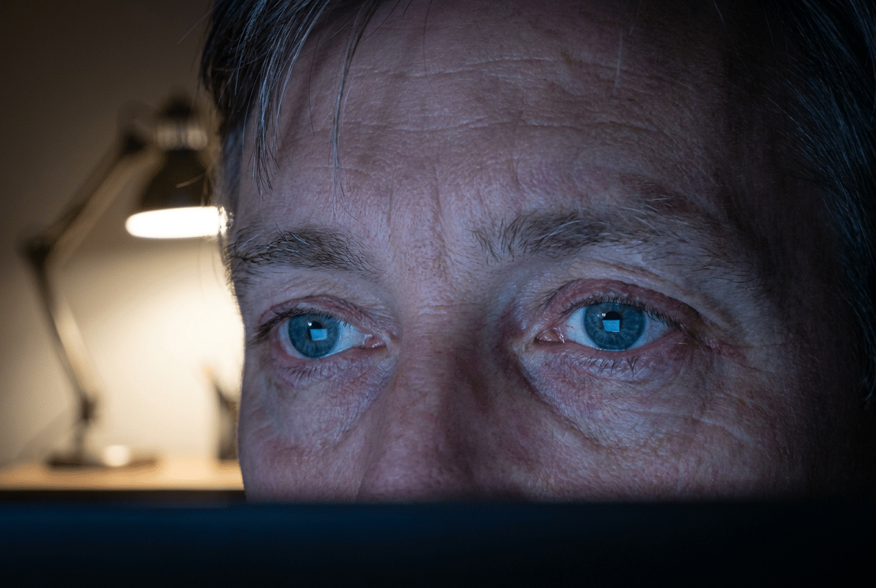 Ogen kijken vermoeid naar een beeldscherm bij avondlicht