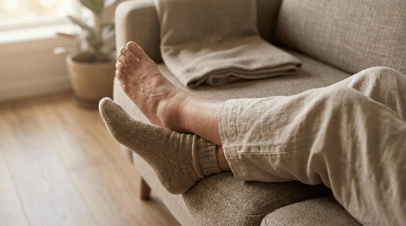 Vrouw met licht opgezwollen enkels aan het einde van de dag, oorzaak van vocht vasthouden