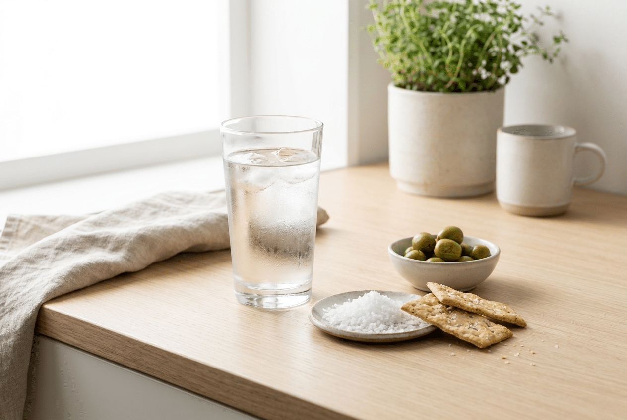 Glas water naast zout en zoute snacks, zout is een hoofdoorzaak van vocht vasthouden