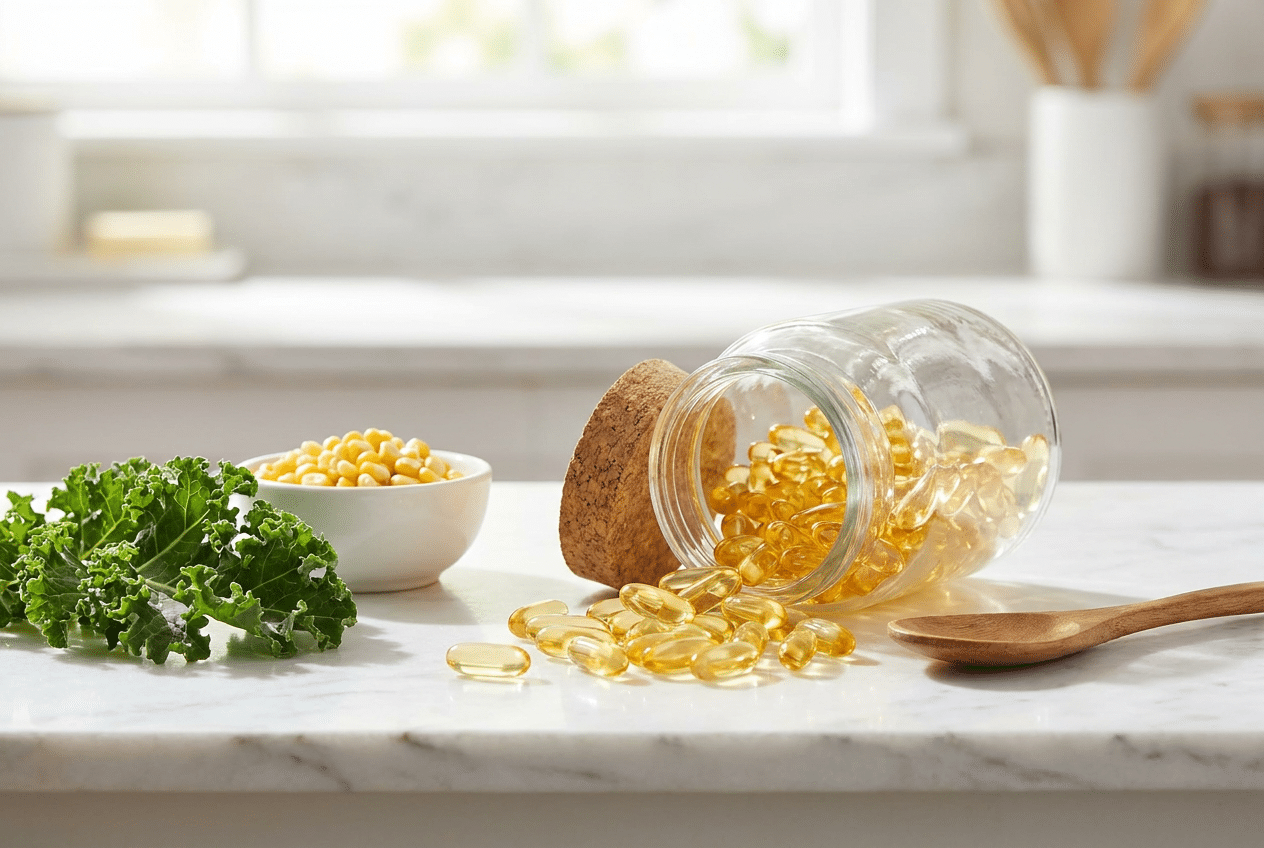 Pot met softgel capsules naast boerenkool en mais op een aanrecht