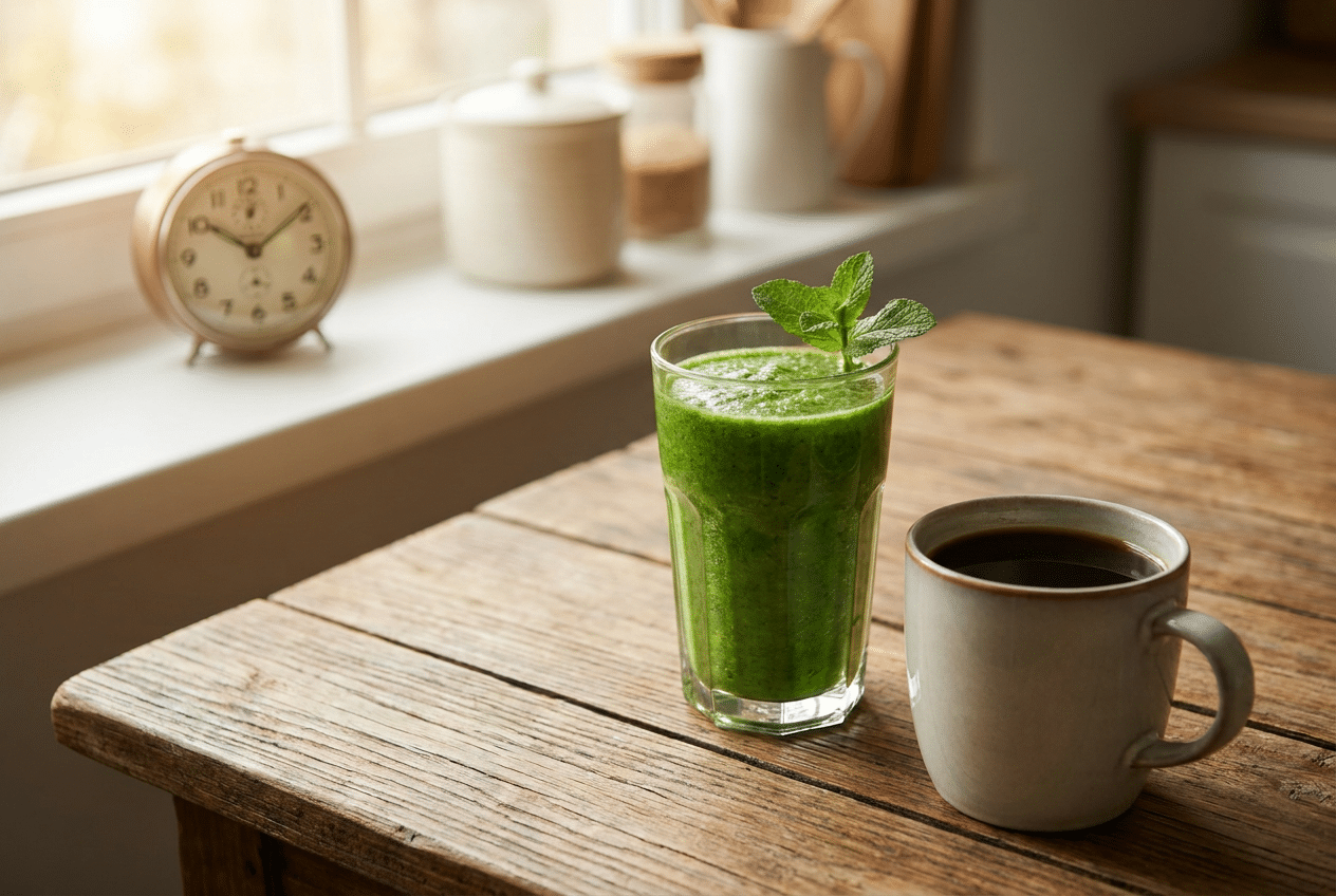 Greens smoothie naast een kop koffie, timing