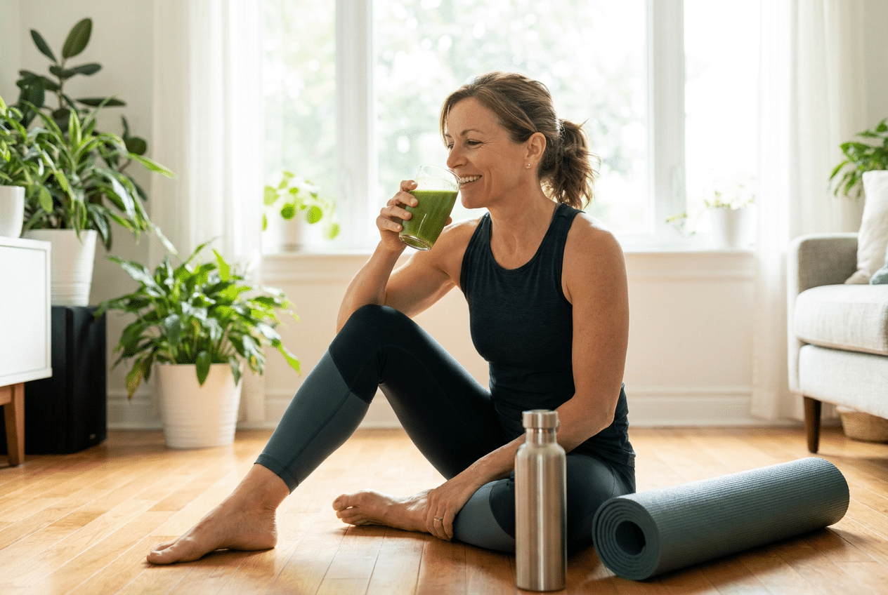 Vrouw drinkt greens na het sporten