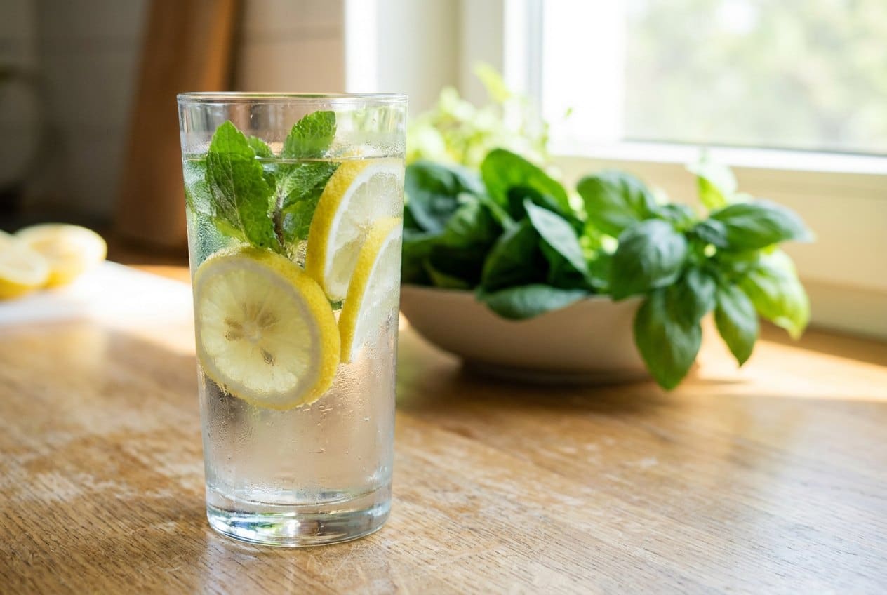 Glas water met citroen en munt, hydratatie ondersteunt de nieren