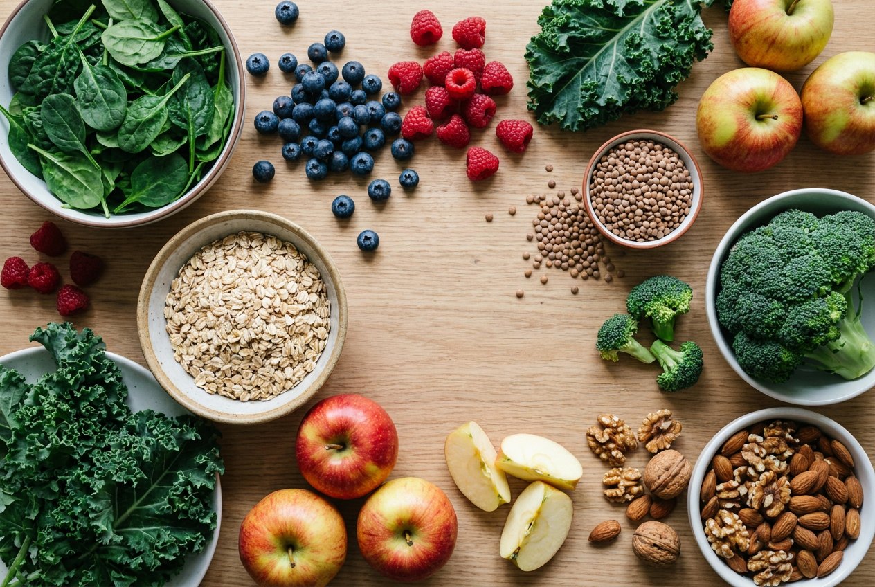Vezelrijke voeding: groenten, fruit, havermout, peulvruchten en noten